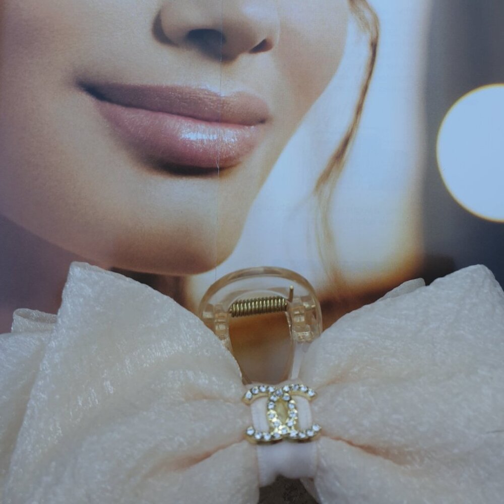 Women Off White Bow Organza Crystals Hair Clip Claw Formal Casual Accessory Gift